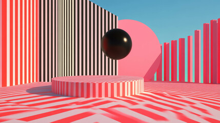 Poster - Modern geometric scene with striped podium and floating sphere for display design