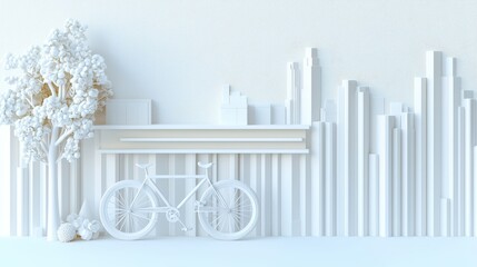 Poster - Futuristic 3D Rendered Model of White-Themed Apartment with Minimalist Decor and Urban Landscape View
