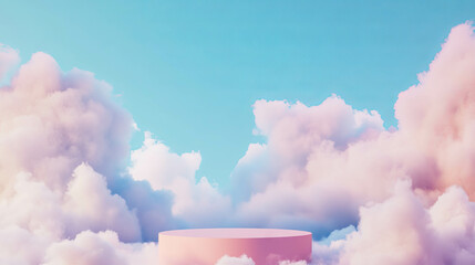 Poster - Dreamy abstract background with podium amidst soft fluffy clouds under blue sky