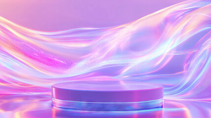 Poster - Futuristic holographic podium with neon light waves for modern design concepts