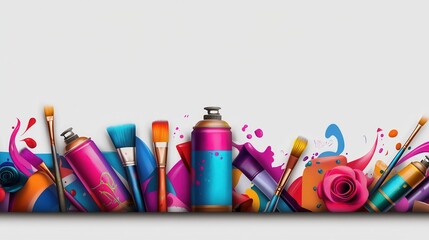 Poster - Colorful Border Design Featuring Spray Cans, Paintbrushes, and Vibrant Artistic Elements for Creative Projects