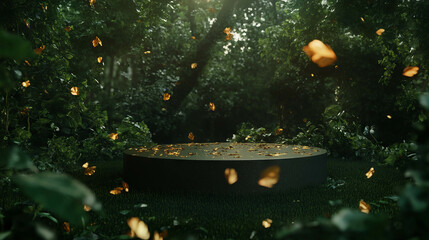 Leinwandbilder - Mystical forest podium with floating golden leaves for elegant nature-themed design