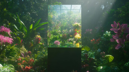 Poster - Lush greenhouse podium with tropical foliage and flowers for nature inspired designs