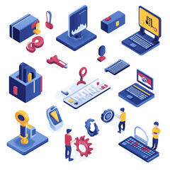 Poster - Isometric Scene with Developers, Gear, and Software Elements
