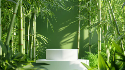 Poster - Minimalist podium in serene bamboo forest setting for nature-inspired designs