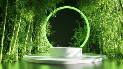 Poster - Abstract nature-inspired podium design with neon circle in bamboo forest setting