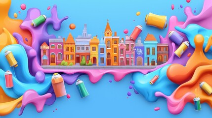Poster - Colorful Graffiti Art Design with Bright Splash Background Featuring Stylized Urban Architecture