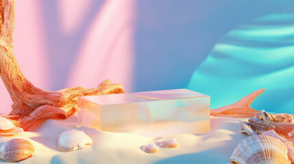 Poster - Abstract ocean-inspired scene with podium, driftwood, and seashells - design for display and presentation