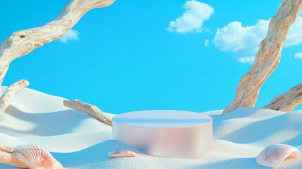 Poster - Abstract beach scene with podium and driftwood under blue sky