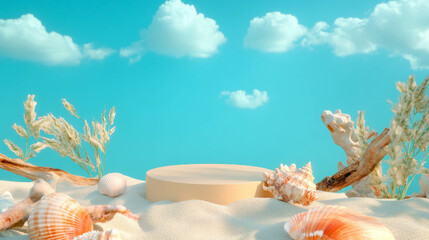 Poster - Coastal podium display on sandy beach with seashells and driftwood