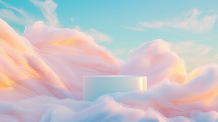 Poster - Dreamy pastel landscape with podium and soft cloud-like textures
