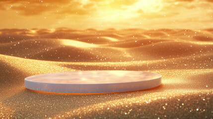 Poster - Abstract background with podium on glittering golden sand and sunlight glow