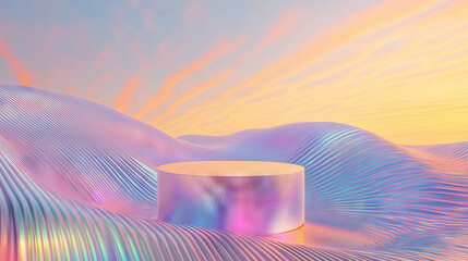 Poster - Holographic abstract background with podium on wavy surface for modern design