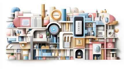 Poster - Colorful Digital Illustration of Smart Eco-Friendly Concept with Geometric Shapes and Minimalist Design Elements