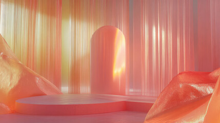 Aufkleber - Abstract interior design with podium amidst soft textured drapes for modern display