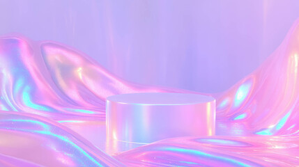Poster - Futuristic podium display with iridescent waves in abstract background for modern design