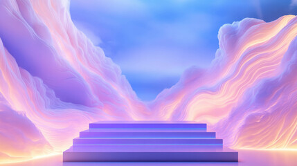 Poster - Dreamy abstract background with podium and flowing pastel clouds for design projects