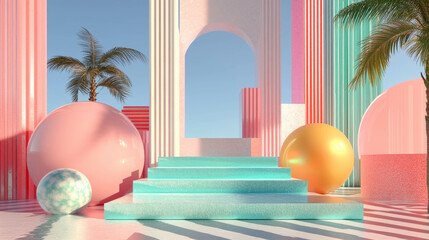 Poster - Abstract architectural scene with pastel columns and podium