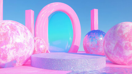Poster - Vibrant abstract background with pink podium and spheres for design and display