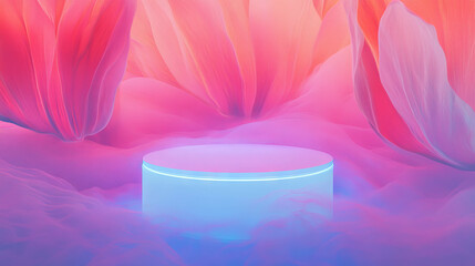 Poster - Vibrant abstract background with glowing podium amid soft petals