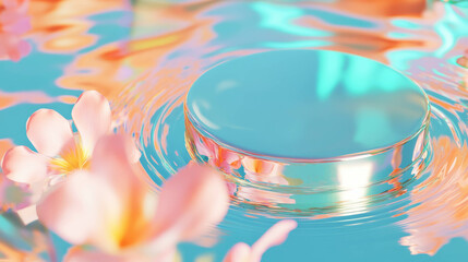 Poster - Abstract background with reflective podium and floral surroundings for creative design
