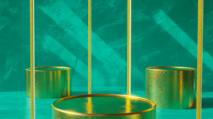 Poster - Vibrant abstract background with gold podium in green space for creative display and design