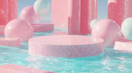 Poster - Surreal abstract podium in vibrant aquatic setting for display design