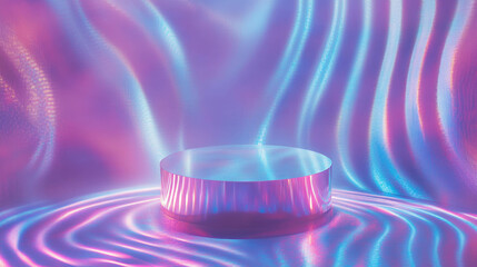Poster - Futuristic podium with iridescent waves in abstract 3d background design