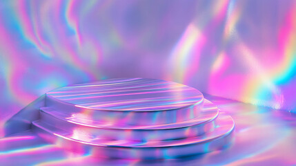 Poster - Iridescent abstract background with podium and colorful light reflections