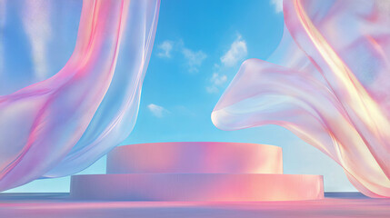 Poster - Dreamy abstract background with pastel podium and flowing fabric for elegant display design