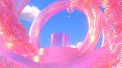 Poster - Dreamy abstract background with pink podium and cloudy sky for modern design