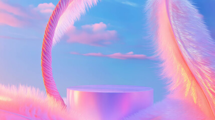 Poster - Dreamy abstract background with suspended podium and soft pastel clouds
