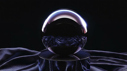 Poster - Abstract polished black sphere on reflective surface in dark setting for artistic design