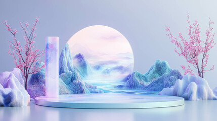 Poster - Serene landscape with pink blossoms and circular podium for elegant display design
