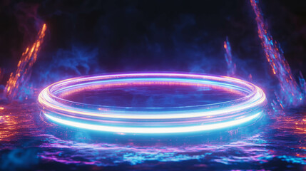 Poster - Futuristic abstract background with rotating glass podium and neon lights for creative design