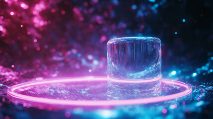 Poster - Futuristic abstract background with rotating glass podium and neon lights