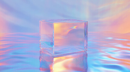 Poster - Transparent glass cube on iridescent surface background for modern design
