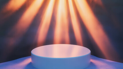 Poster - Illuminated white podium with radiant abstract background for display concepts