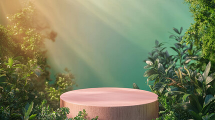 Poster - Abstract nature setting with wooden podium and sunlit greenery for presentation design