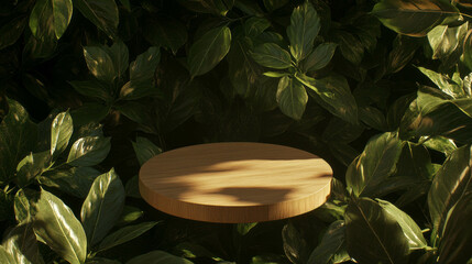 Leinwandbilder - Wooden podium amidst lush foliage in abstract nature background