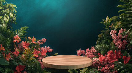 Poster - Elegant floral display with wooden podium and lush greenery for botanical design