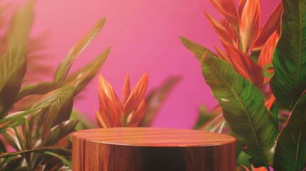 Poster - Wooden podium in vibrant abstract background with tropical leaves