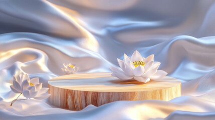 Poster - Elegant abstract background with wooden podium and lotus flowers for design and decor