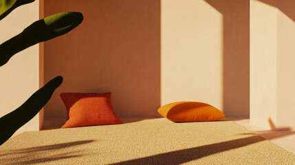 Poster - Modern interior with woven rug and sunlit podium design