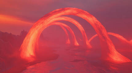 Aufkleber - Surreal abstract background with glowing red arches in a dreamlike landscape