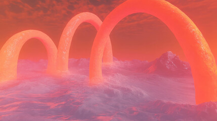 Poster - Surreal abstract arches over waves in vibrant sunset
