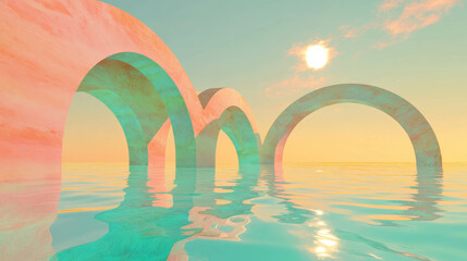 Poster - Dreamy abstract landscape with surreal arches and reflective water horizon