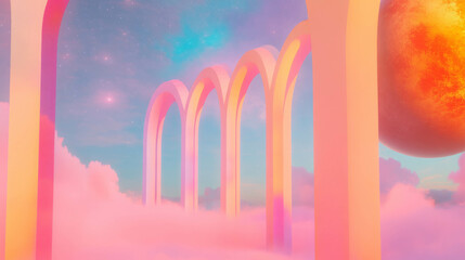Poster - Surreal dreamscape with celestial arches amidst colorful clouds for creative design
