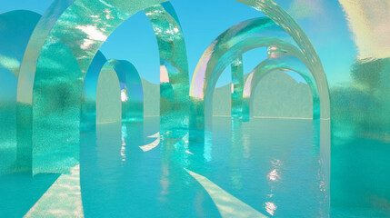 Poster - Abstract serenity with fragmented glass arches reflecting in water