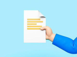 Poster - cartoon hand holds a white document with yellow lines against a light blue background